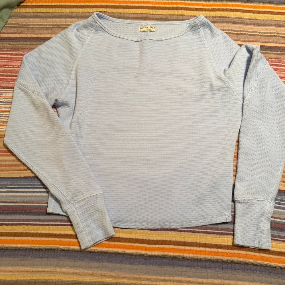 We The Free‎ Free People Light Blue Thermal Waffle Knit Raglan Top Small S